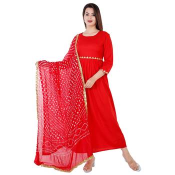 Women's rayon  Red embroidery work  kurti with Bandani print red duptta with lace border 1