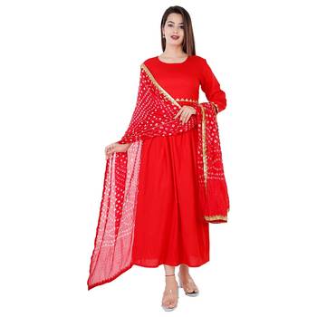 Women's rayon  Red embroidery work  kurti with Bandani print red duptta with lace border 2