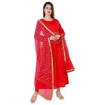 Women's rayon  Red embroidery work  kurti with Bandani print red duptta with lace border 4