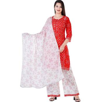 Women's rayon  Red printed work  kurti with  printed  duptta with palazzo 1