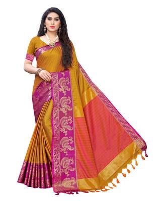 Mustard woven poly silk saree with blouse 1