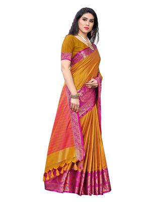 Mustard woven poly silk saree with blouse 2
