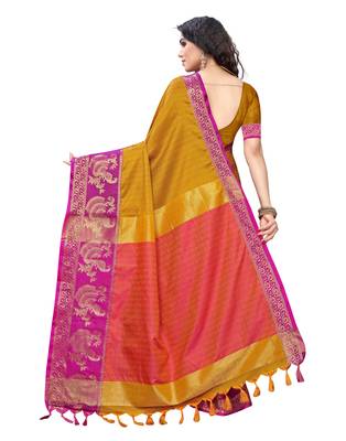 Mustard woven poly silk saree with blouse 3