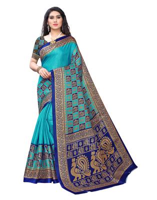 Light blue printed art silk saree with blouse 1