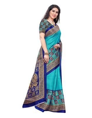 Light blue printed art silk saree with blouse 2
