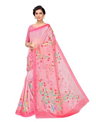 Pink printed organza saree with blouse 1