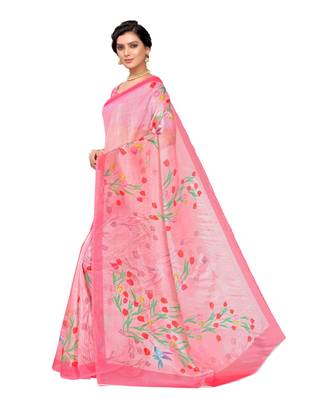 Pink printed organza saree with blouse 2