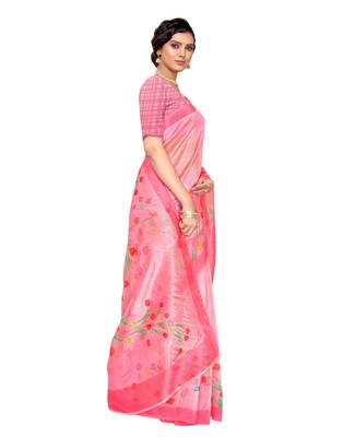 Pink printed organza saree with blouse 3