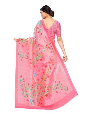 Pink printed organza saree with blouse 4