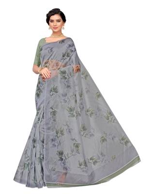 Grey printed organza saree with blouse 1