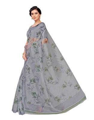 Grey printed organza saree with blouse 2