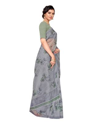 Grey printed organza saree with blouse 3