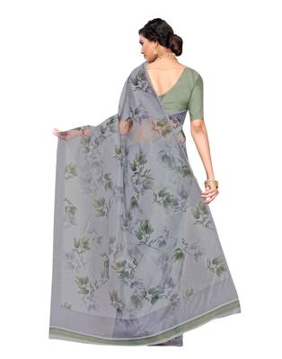 Grey printed organza saree with blouse 4