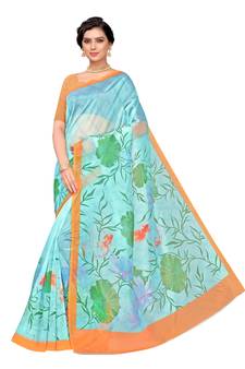 Blue printed organza saree with blouse