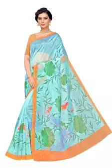 Blue printed organza saree with blouse