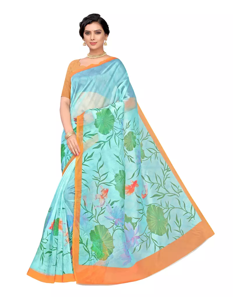 Blue printed organza saree with blouse