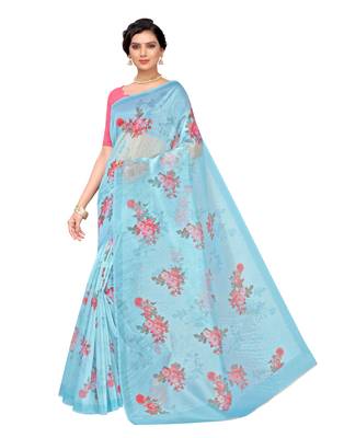 Blue printed organza saree with blouse 1