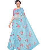 Blue printed organza saree with blouse