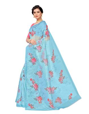 Blue printed organza saree with blouse 2