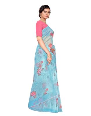 Blue printed organza saree with blouse 3