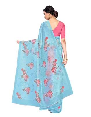 Blue printed organza saree with blouse 4