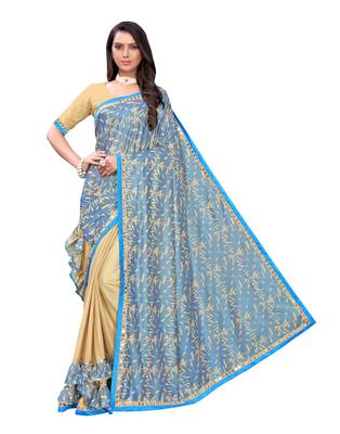 Beige printed lycra saree with blouse 1