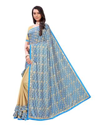 Beige printed lycra saree with blouse 2