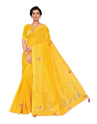 Yellow embroidered poly cotton saree with blouse 1