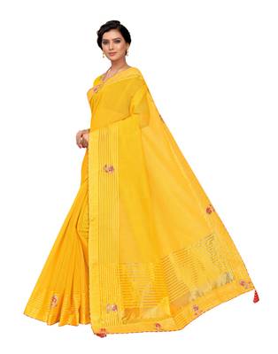 Yellow embroidered poly cotton saree with blouse 2
