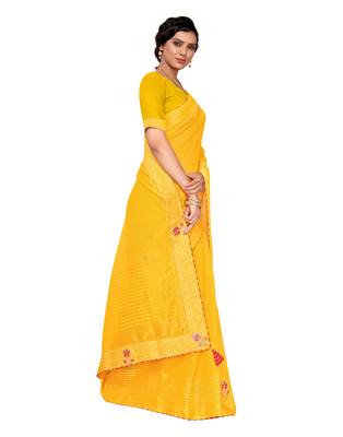 Yellow embroidered poly cotton saree with blouse 3