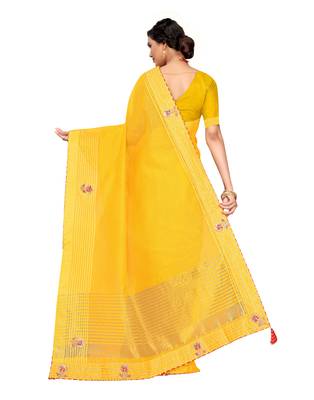 Yellow embroidered poly cotton saree with blouse 4