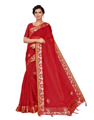 Red embroidered poly cotton saree with blouse 1