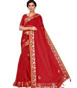 Red embroidered poly cotton saree with blouse