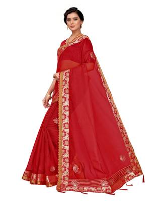 Red embroidered poly cotton saree with blouse 2