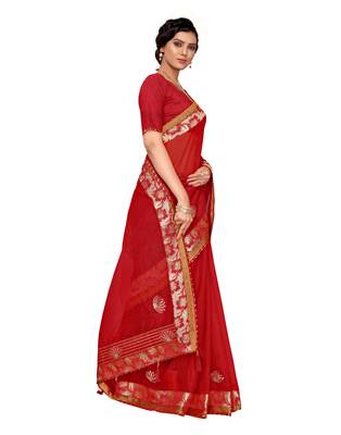 Red embroidered poly cotton saree with blouse 3