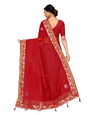 Red embroidered poly cotton saree with blouse 4
