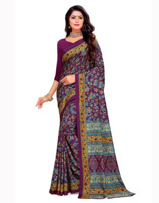 Purple printed silk blend saree with blouse 1