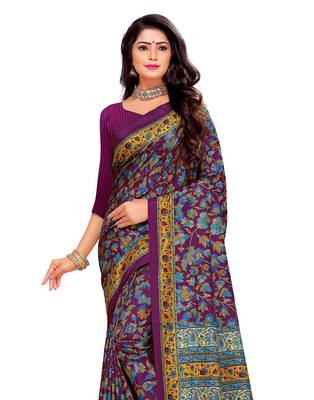 Purple printed silk blend saree with blouse 2
