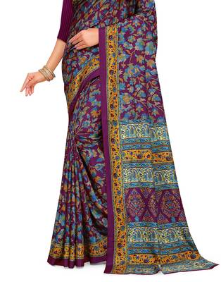 Purple printed silk blend saree with blouse 3
