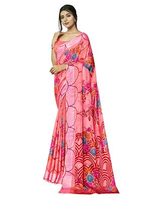 Pink printed jute saree with blouse 1