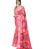 Pink printed jute saree with blouse