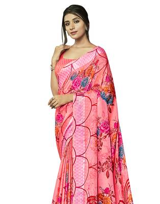 Pink printed jute saree with blouse 2