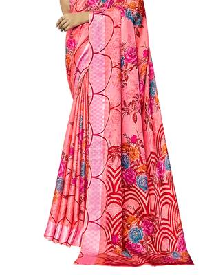 Pink printed jute saree with blouse 3