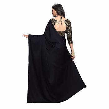 Black plain fancy fabric saree with blouse 2