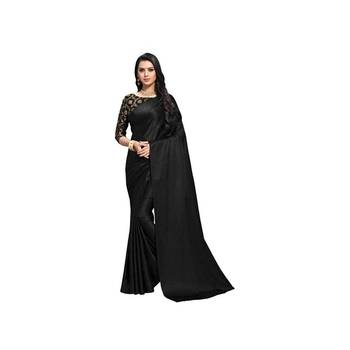 Black plain fancy fabric saree with blouse 1