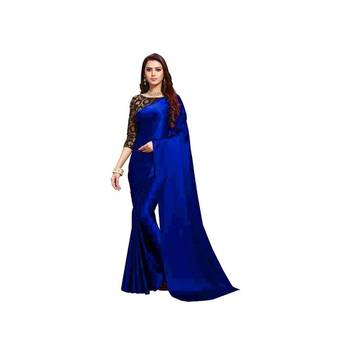 Royal blue plain fancy fabric saree with blouse 2