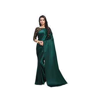 Dark green plain fancy fabric saree with blouse 1