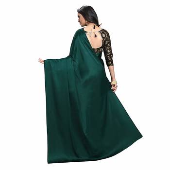 Dark green plain fancy fabric saree with blouse 2