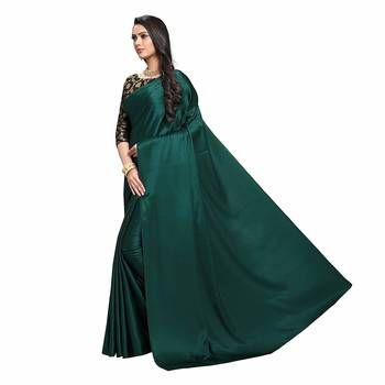 Dark green plain fancy fabric saree with blouse 3