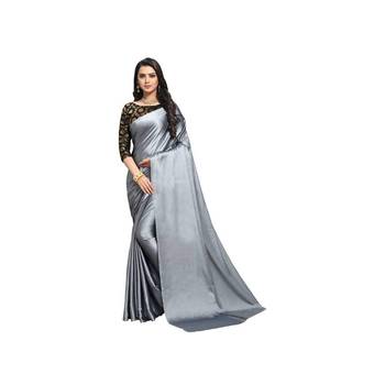 Slate grey plain fancy fabric saree with blouse 1